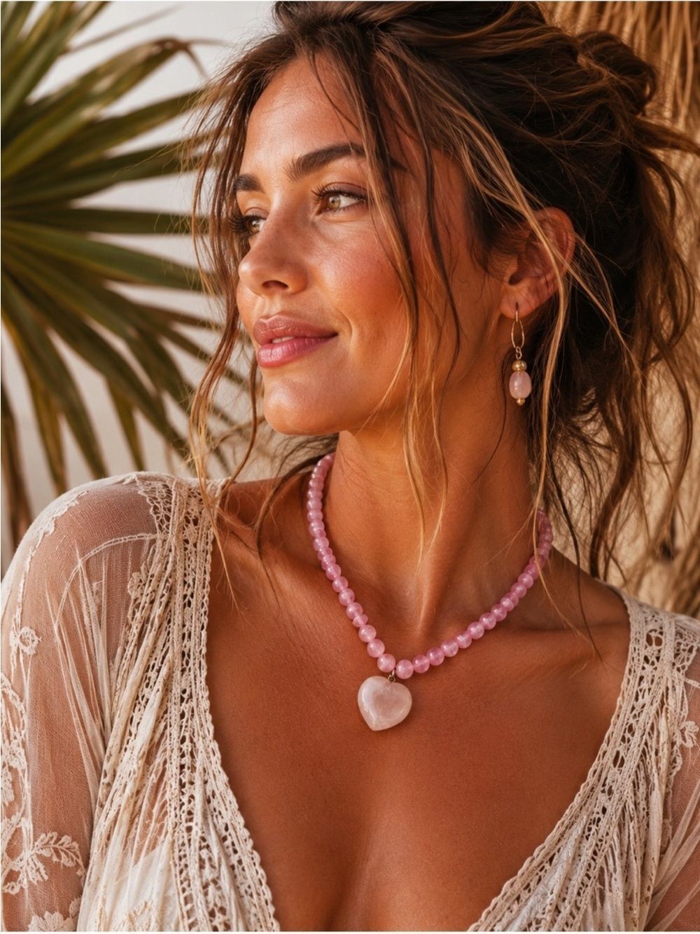 Pink Beaded Cat Eye Heart Pendant Necklace - Women Jewelry
